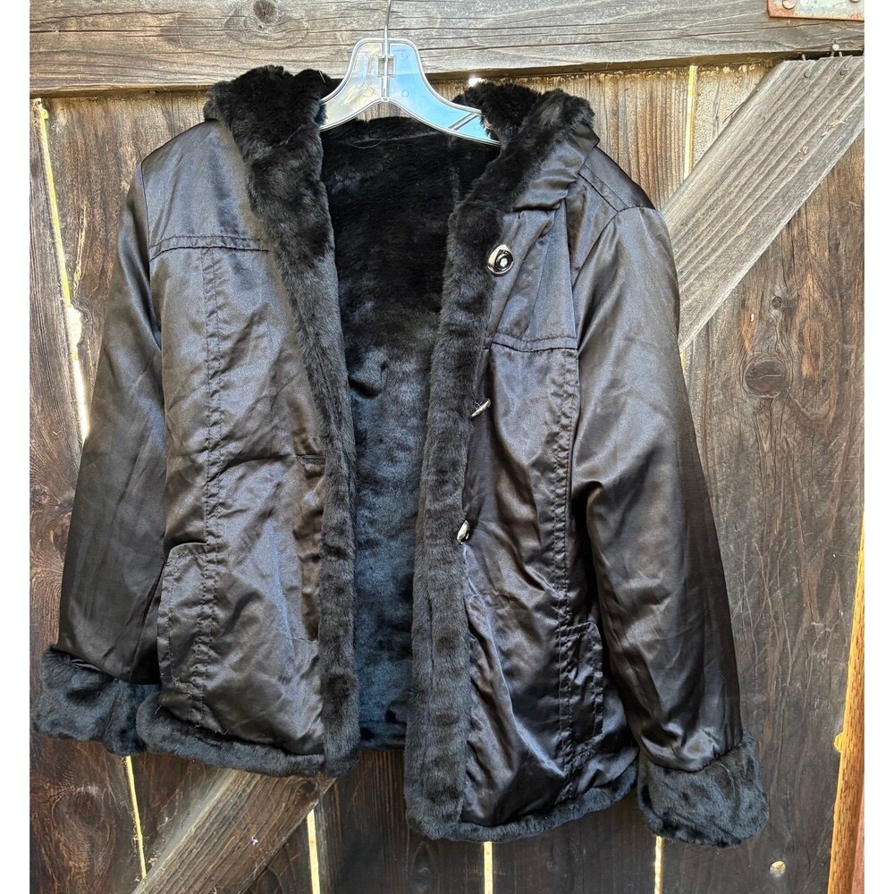 Vintage Black Satin Faux Fur reversible Black Hooded Jacket